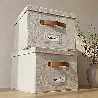 ZICOTO Decorative File Organizer Box Set of 2 - Collapsible Linen Filing...
