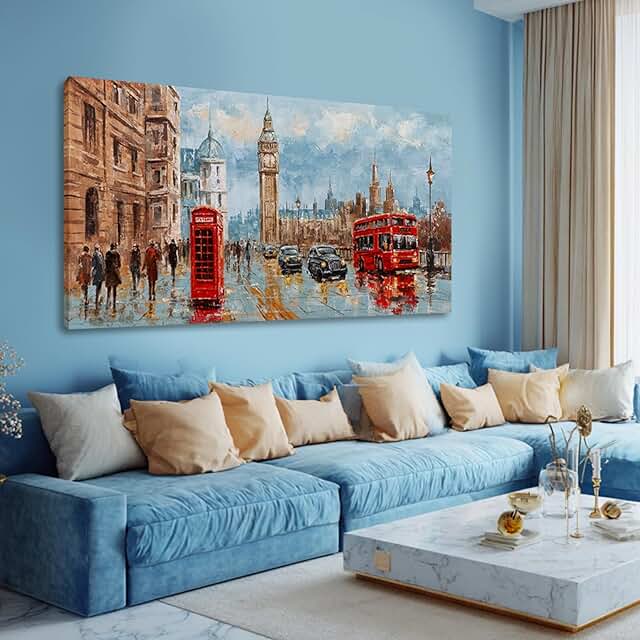 ZUNARE Large Street Scene Wall Art Featuring Red Bus and Classic Archite...