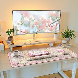 iLeadon Cute Floral Desk Mat Set, Non Slip Mouse Pad with Wrist Support,...